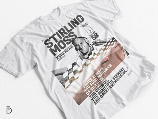 T-shirt com ilustração de Stirling Moss no Maserati 300S – Circuito de Vila Real 1958